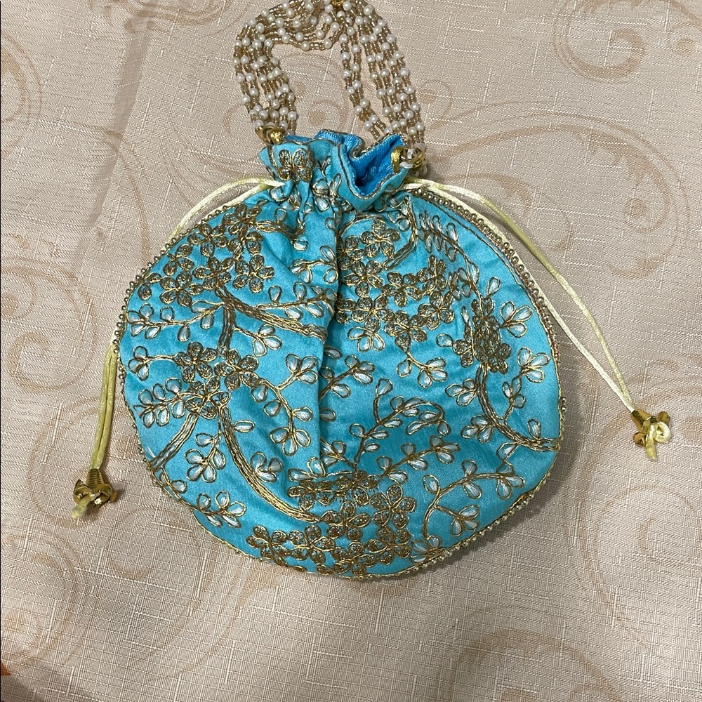 Elegant Blue and Gold Embroidered Women's Bag